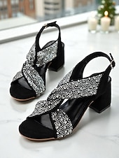 economico Sandali con tacco-sandali da donna con tacco a blocco incrociato e strass neri - tacchi glamour con punta aperta per le feste di Natale e Capodanno &amp;eventi serali