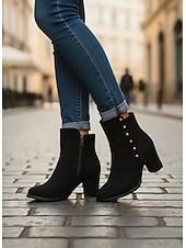 economico Stivali di neve e inverno-stivaletti da donna in pelle scamosciata nera con fodera in pelliccia sintetica e bottoni dorati – eleganti stivali con tacco a blocco per l'inverno