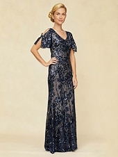  Per donna Abito maxi Tubino Elegante Festa serale Feste Paillettes Pizzo Traforato Vestibilità regolare Floreale Mezza Manica Girocollo Blu marino
