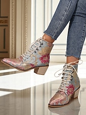  Bottines à lacets en jacquard violet pour femme, ornées de broderies florales et dotées d'un petit talon bloc – bottines de style baroque vintage, parfaites pour les festivals et les soirées Gatsby.