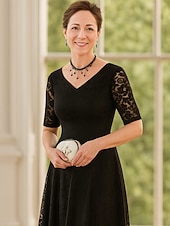 preiswerte Knöchellänge-A-Linie Knöchellänge Partykleid Cocktailkleid Kleid für Hochzeitsgäste Brautmutterkleid Halbarm V Ausschnitt Elegant Schwarzes Kleid Formeller Abend Hochzeitsfeier mit Spitze
