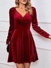 Świąteczna sukienka mini z weluru dla kobiet sukienka w kształcie litery A elegancka na przyjęcia koktajlowa na świeżym powietrzu regularne dopasowanie jednolity kolor długi rękaw dekolt w serek tanie Sukienki świąteczne-Świąteczna sukienka mini z weluru dla kobiet sukienka w kształcie litery A elegancka na przyjęcia koktajlowa na świeżym powietrzu regularne dopasowanie jednolity kolor długi rękaw dekolt w serek