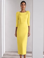 青 シース/コラム カクテルドレス エレガント ドレス フォーマル 結婚式 アンクルレングス 3/4レングススリーブ クルーネック ストレッチ クレープ スリット付き お買い得  カクテルドレス-青 シース/コラム カクテルドレス エレガント ドレス フォーマル 結婚式 アンクルレングス 3/4レングススリーブ クルーネック ストレッチ クレープ スリット付き