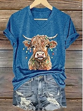 お買い得  動物のTシャツ-女性用Tシャツ グラフィック 動物 牛 ヴィンテージ スタイリッシュ クラシック 半袖 Vネック レギュラー トップス 日常用 プリント ブルー ブラック ホワイト ピンク レッド 夏 春 秋 冬