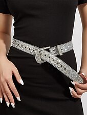levne Dámský pásek-Dámský vánoční třpytivý pásek – umělá kůže s křišťálovými cvočky a stříbrnou přezkou, slavnostní červený design, ideální pro sváteční outfity