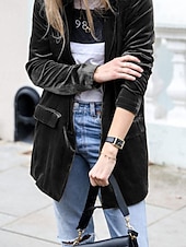 preiswerte Blazer &amp; Anzüge-Damen Blazer Samtblazer Bequem Tasche Mode Einfach Party Party / Abend Regulär Umlegekragen Normale Passform Langarm Oberbekleidung Blau Schwarz Wein Herbst Winter