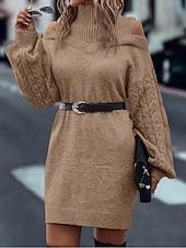 economico Abiti in maglia-Per donna Abito maglione Elegante Casual Morbido Colore Puro A Coste Dolcevita Lavorato a maglia Spalle scoperte Manica Lunga Top Regolari Maglia All'aperto Quotidiano Weekend Nero Verde Autunno