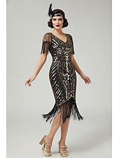  Anni Ruggenti Anni 1920 Lunghezza al ginocchio Abito Flapper Maniche corte Il grande Gatsby Paillettes Frange Scollo a V Costume Per donna Natale Carnevale speakeasy Mascherata Festa a tema retrò