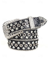 levne Dámský pásek-Dámský vánoční třpytivý pásek – umělá kůže s křišťálovými cvočky a stříbrnou přezkou, slavnostní červený design, ideální pro sváteční outfity