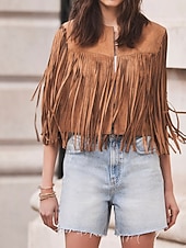 tanie Zwykły zbiornik-Damskie Bluzka Frędzel Równina Zachodni Bez rękawów W serek Zwykłe topy Święto Wyjściowe Czarny Jasnobrązowy Lato Wiosna