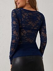 cheap Lace Tops-Women's Lace Shirt Blouse Lace Patchwork Solid Color Elegant Stylish Sexy Long Sleeve V Neck Regular Tops Daily Black White Wine Army Green Navy Blue Spring Fall Winter