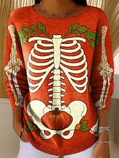 Χαμηλού Κόστους Γραφικά Μοτίβα &amp; Λεπτομέρειες-Γυναικείο Πουλόβερ Γραφικό Κρανίου Χαριτωμένο Streetwear Καθημερινής Γραφικού Κρανίου Στρογγυλή Λαιμόκοψη Ράψιμο Πλεκτό Μακρυμάνι Κανονικά Τόπες Πλεκτό Πορτοκαλί Φθινόπωρο Χειμώνα