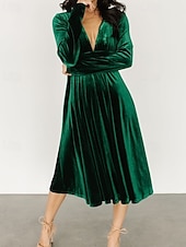 Damen Midikleid Samtkleid Partykleid Cocktailkleid Elegant Modern Party Abendgesellschaft Normale Passform Einfach Langarm V Ausschnitt Schwarz Rote Dunkelgrün Herbst Winter preiswerte abendkleider-Damen Midikleid Samtkleid Partykleid Cocktailkleid Elegant Modern Party Abendgesellschaft Normale Passform Einfach Langarm V Ausschnitt Schwarz Rote Dunkelgrün Herbst Winter