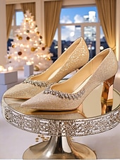 abordables Bombas Clásicas-Zapatos de tacón de punta puntiaguda con purpurina dorada y ribete de diamantes de imitación para mujer, elegantes zapatos de tacón medio para ocasiones formales y cócteles. &amp;eventos nocturnos