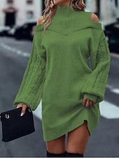 ieftine Rochii pulover-Pentru femei Pulover Rochie pulover Casual Moale Culoare pură Striat Guler Pe Gât Tricotat Manșon Lung Topuri lungi Tricotat În aer liber Zilnic Sfârșit de săptămână Negru Trifoi Toamnă Iarnă