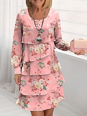 tanie Sukienki na przyjęcia-Wielkanoc Damskie Sukienka do kolan Codzienne sukienki Sukienki szyfonowe Sukienka trapezowa Sukienka warstwowa Elegancja Urlop Elegancki Regularny Kwiaty Długi rękaw Półgolf Rumiany róż Fioletowy