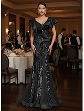 cheap Mermaid Evening Dresses-Mermaid Trumpet Floor Length Beaded Eembroidered Formal Dresses Mother of the Bride Dress Prom Dresses Evening Gown Quinceanera Dresses Ball Gown Elegant Sleeveless V Neck Prom Evening Party Lace