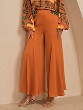 olcso női nadrág-női bő szárú nadrág khaki szatén rugalmas derék rakott hawaii vakáció hétköznapi tavasz nyár ősz