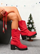 economico Stivali alla moda-Per donna Stivali Stivali Morbidi Natale Quotidiano Stivali al Ginocchio Nappa Tacco grosso Punta Tonda Casual Finta pelle scamosciata Mocassino Nero Rosso