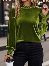 economico Bluse Eleganti-Per donna Velluto Elegant Elegante Blusa Arricciato Semplice Vintage Elegante Manica Lunga Girocollo Top Regolari Quotidiano Ferie Uscire Blu Verde militare Verde Rosa Autunno Inverno