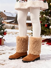 cheap Snow &amp; Winter Boots-Women's Burgundy Faux Fur Mid-Calf Winter Boots – Warm Santa-Style Snow Boots for Christmas, Holiday Outfits and Outdoor Wear