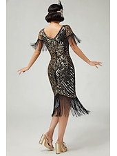  Anni Ruggenti Anni 1920 Lunghezza al ginocchio Abito Flapper Maniche corte Il grande Gatsby Paillettes Frange Scollo a V Costume Per donna Natale Carnevale speakeasy Mascherata Festa a tema retrò