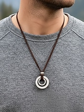 billige Menns smykker-Justerbart halskjede med lærsnor for menn og dobbeltsirkelanheng – vintage, uformelt smykke for hverdagsbruk og utendørsstil