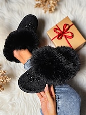 お買い得  レディース・スリッパ＆ビーチサンダル-花の刺繍が施された女性用のバーガンディ色のフェイクファースリッパ - クリスマス、ホリデーギフト、冬のリラックスに最適な、暖かく快適な室内履き