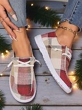abordables Zapatillas de mujer-Zapatos sin cordones a cuadros para mujer: zapatos casuales y acogedores para Navidad, reuniones de invierno y relajación festiva.