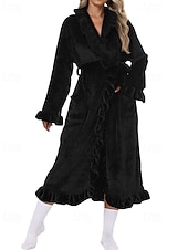 cheap Women's Onesies-Women's Pajamas Robe Flannel Warm Fashion Pure Color Ruffle Pocket Home Daily Bed Long Sleeve Crew Neck Black White Pink Red Purple Fall Winter Regular Fit