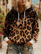 olcso Virágos kapucnis pulóverek-Női Pullover Kapucnis felsők Zsinór Nyomtatott Leopárd Divat Utcai sikk Alkalmi Hosszú ujj Kapucni Normál felsők Hétköznapi Barna Tavasz Ősz