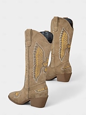 Недорогие Ковбой и западные ботинки-Женские ковбойские сапоги в стиле вестерн из зеленой замши с вышивкой и массивным каблуком — модные ковбойские сапоги в стиле бохо для рождественских фестивалей, уличной моды и повседневных мероприятий