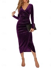 preiswerte Einfaches Kleid-Damen Samt Midi Kleid Etuikleid Wickelkleid A-Linie Kleid Party Cocktail Party Hochzeitsgast Reguläre Passform Einfarbig Langarm V-Ausschnitt Schwarz Lila Grün Herbst Winter