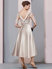 رخيصةأون طول الكاحل-A-الخط طول الساق فستان الحفلة فستان كوكتيل فستان زفاف ضيف فستان أم العروس نصف كم رقبة سكوب أنيق عتيق ضيف حفل زفاف ساتان دانتيل مع روش زينة