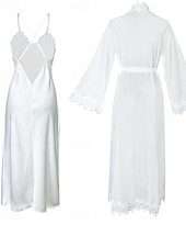 お買い得  レディース パジャマトップス＆ボトムス-女性用 ローブ あたたか ファッション カジュアル ピュアカラー サテンシルキーパジャマ レース ドレス 家 ベッドサイド 長袖 クルーネック ホワイト 夏 春 レギュラー