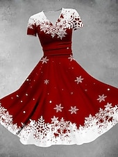 Christmas Women's Midi Dress A Line Dress Fit And Flare Dress Party Casual Daily Holiday Regular Fit Graphic Plaid Snowflake Short Sleeve V Neck Black White Red Green Fall Winter cheap Christmas Dresses-Christmas Women's Midi Dress A Line Dress Fit And Flare Dress Party Casual Daily Holiday Regular Fit Graphic Plaid Snowflake Short Sleeve V Neck Black White Red Green Fall Winter