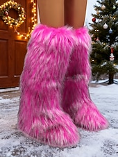 ieftine Cizme de zăpadă și iarnă-cizme până la genunchi din blană artificială pentru femei – imprimeu alb-negru, încălțăminte de iarnă confortabilă pentru vreme rece și stil de sărbătoare la modă