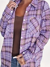 voordelige Strepen- en Geometrische Blouses-Dames Overhemd Zak Knop Ruitjes Elegant Bohemen Vintage Lange mouw Overhemdkraag Normale tops Dagelijks Feestdagen Uitgaan Paars Groen Lente Herfst