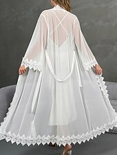 お買い得  レディース パジャマトップス＆ボトムス-女性用 ローブ あたたか ファッション カジュアル ピュアカラー サテンシルキーパジャマ レース ドレス 家 ベッドサイド 長袖 クルーネック ホワイト 夏 春 レギュラー