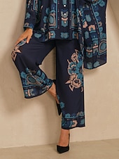 baratos calças femininas-Calças femininas de pernas largas, chiffon, estampa floral havaiana étnica, cintura elástica, casual, férias, primavera, verão, outono