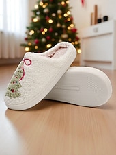 ieftine Flip-Flops de Damă-Papuci de Crăciun albi pentru femei, cu căptușeală plușată, pantofi confortabili de iarnă pentru petrecerea de sărbători &amp;oferirea de cadouri
