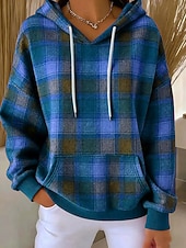 abordables Sudaderas a Rayas y Geométricas-Mujer Sudadera con capucha Pullover Estampado Bolsillo delantero Graphic Geométrico Plaid Cálido Vintage Casual Manga Larga Con Capucha Tops regulares Casual Calle Uso Diario Azul Piscina Amarillo