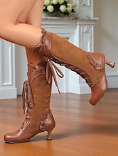 cheap 1920s-Women&#039;s Black Victorian Edwardian Style Knee High Lace-Up Boots with Scalloped Trim and Kitten Heel - 1920s Retro Gothic Dress Boots for Ladies, Perfect for Cosplay, Steampunk &amp; Historical Reenactment