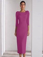 青 シース/コラム カクテルドレス エレガント ドレス フォーマル 結婚式 アンクルレングス 3/4レングススリーブ クルーネック ストレッチ クレープ スリット付き お買い得  カクテルドレス-青 シース/コラム カクテルドレス エレガント ドレス フォーマル 結婚式 アンクルレングス 3/4レングススリーブ クルーネック ストレッチ クレープ スリット付き