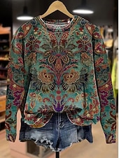 billige Boho topper-Dame Genser med genser Blomstret Grafisk Paisly Fritid Langermet Rund hals Vanlige topper Gate Hverdag Avslappet Lapper Mørkegrønn Vår Høst Vinter