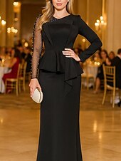 abordables Robes de Soirée-Fourreau / Colonne Robe de Soirée Élégant Robe de soirée Formel Mariage Longueur au sol manche longue Col ras du cou Satin avec Perles Perlage 2025