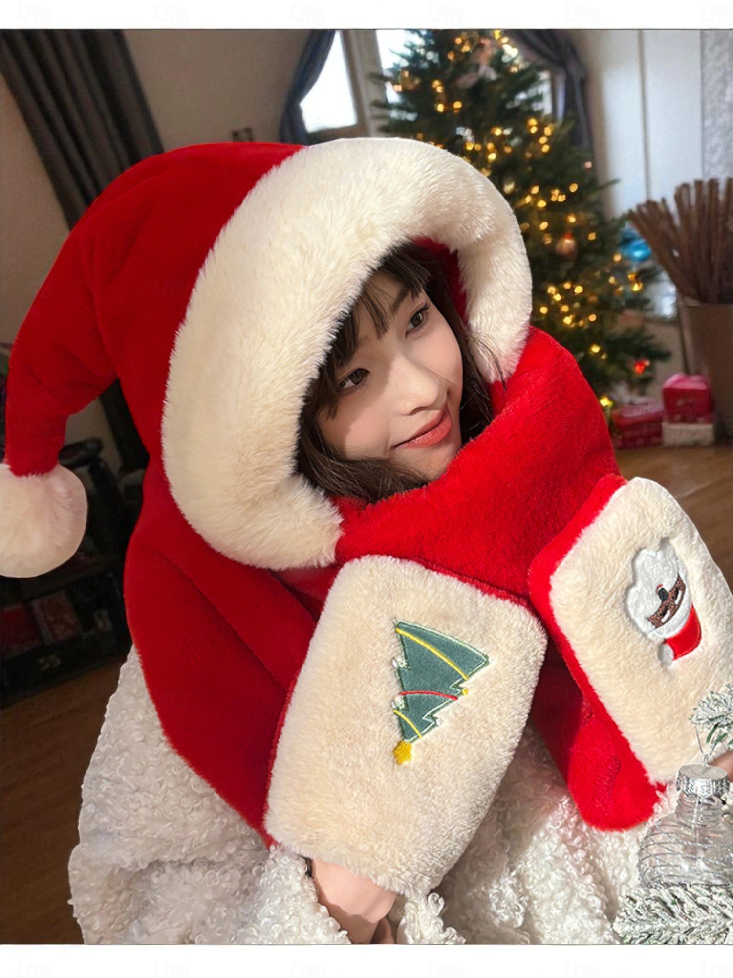 levne Dámské klobouky-Dámská vánoční sada šály a rukavic, kapuce s výšivkou Santy a stromečku, teplý zimní sváteční doplněk