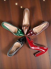 abordables Escarpins à talon bloc-Escarpins à bout pointu en cuir verni vert pour femme, ornés d'un nœud - chaussures élégantes pour les fêtes de fin d'année