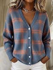 お買い得  3Dカーディガン-女性用 カーディガン ヴィンテージ 日常 Ｖネック プリント 長袖 レギュラートップス ニット ワーク 日常 ブルー 春 秋