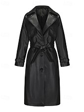 billiga Jackor i konstläder-Dam Imitationsläderjacka Trenchcoat Bekväm Ficka Knappar Ledigt Slät Semester Dagliga kläder Utekväll Helgen Lång Nedvikt Normal Långärmad Ytterkläder Marin Svart Kamel Vår Höst